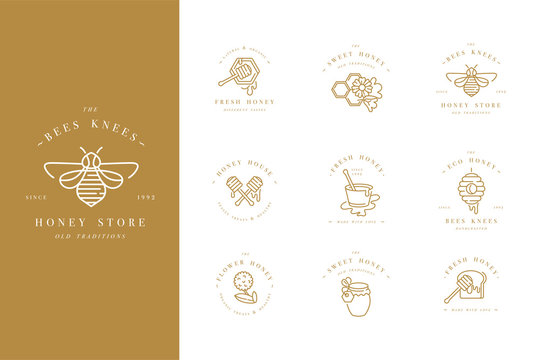 Vector set illustartion logos and design templates or badges. Organic and eco honey labels and tags with bees. Linear style and golden color.