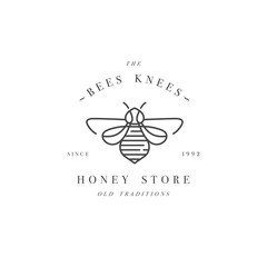Vector illustartion logo and design template or badge. Organic and eco honey label- bee. Linear style.