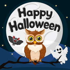 An owl sits on a branch against the background of a large moon, a Ghost and a bat. Halloween