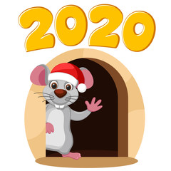 Mouse in a Christmas hat looks out from a mink and waves on a white. Year mouse