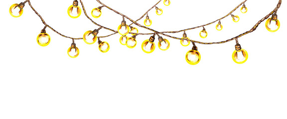 Skein of fragment of vintage garland with yellow electric lighting lamps. Watercolor hand painted isolated elements on white background. Home interior design, cozy place element, holiday decoration. © Na.Ko.