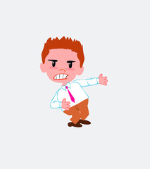 Businessman in casual style shows very angry something to his left.