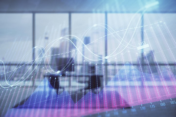 Business theme graph hologram with minimalistic cabinet interior background. Double exposure. Stock market concept.