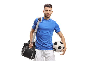 Footballer with a bag and a ball