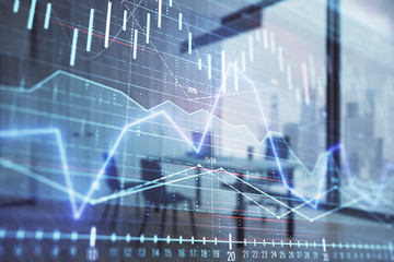 Business theme graph hologram with minimalistic cabinet interior background. Double exposure. Stock market concept.