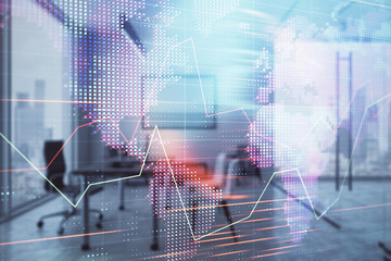 Forex chart hologram with map and minimalistic cabinet interior background. Double exposure. International business concept.