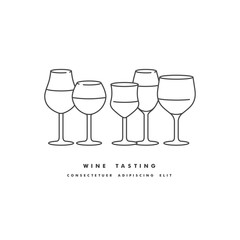 Vector linear illustration set of different kinds of wine glasses isolated on white background.