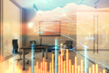 Business theme graph hologram with minimalistic cabinet interior background. Double exposure. Stock market concept.
