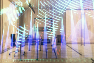 Obraz premium Forex chart hologram with map and minimalistic cabinet interior background. Double exposure. International business concept.