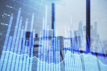 Business theme graph hologram with minimalistic cabinet interior background. Double exposure. Stock market concept.