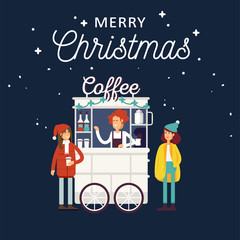 Creative detailed vector street coffee cart or shop with espresso machine, syrup bottles, disposable cups and with seller. Young people having a coffee. Christmas Fair.