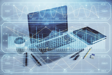 Forex graph hologram with desktop office computer background. Double exposure. Concept of financial analysis.