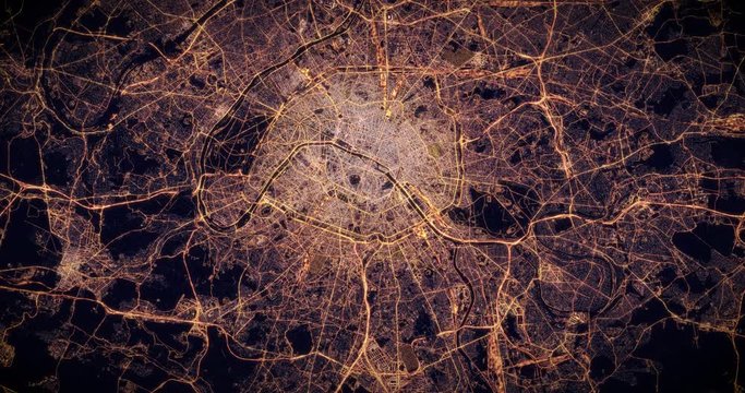Aerial night view of city of Paris, France. Traffic and street light glowing. Camera flying high above, moving slowly forward from space filming cinematic straight down. 3d animation rendering.