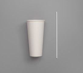 White paper glass with straw on a gray background,Mock up
