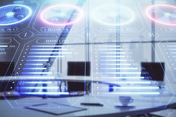 Business theme hologram on conference room interior background. Double exposure. Concept of brainstorming in business.