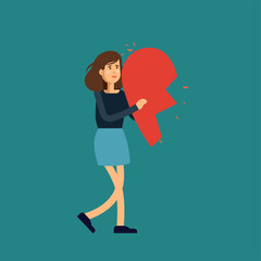 Vector illustration of love. Young woman holds halves of the heart. Concept illustration. Happy Valentines card.