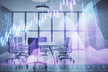 Multi exposure of stock market graph on conference room background. Concept of financial analysis
