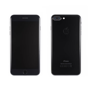 BANGKOK, THAILAND - NOVEMBER 20, 2016: Iphone7 Plus jet black series both front view and rear view on white plain floor, new generation of smartphone, smartphone without headphone jack