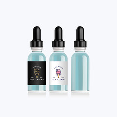 Realistic bottle mock up with taste ice cream for an electronic cigarette. Dropper bottle with design white or black labels. Vector illustration.