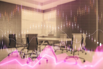 Multi exposure of stock market graph on conference room background. Concept of financial analysis