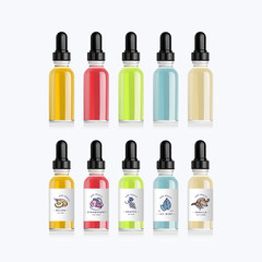 Realistic set bottles mock up with tastes for an electronic cigarette with different fruit flavors. Dropper bottle with design white labels. Vector illustration.