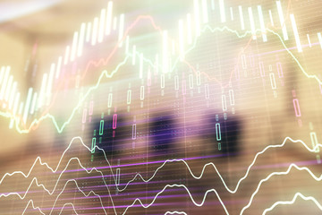 Multi exposure of stock market graph on conference room background. Concept of financial analysis