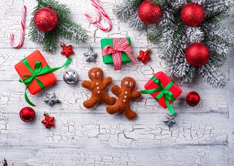 Gift boxes, candy cane and tree