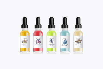 Realistic set bottles mock up with tastes for an electronic cigarette with different fruit flavors. Dropper bottle with design white labels. Vector illustration.