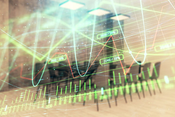 Multi exposure of stock market graph on conference room background. Concept of financial analysis