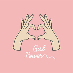 Vector linear illustration of female hands show heart silhouette. Heart shape. Concept illustration of girl power and woman motivational slogan.