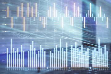 Double exposure of stock market graph on empty exterior background. Concept of analysis