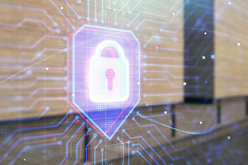 Double exposure of lock icon hologram on empty exterior background. Data security concept