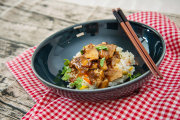 caramel pork and vegetable thai rice