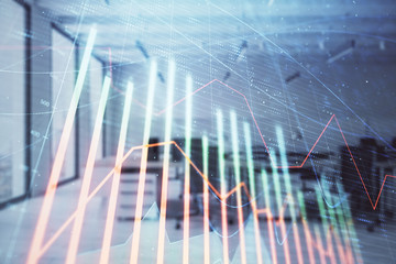 Stock and bond market graph with trading desk bank office interior on background. Multi exposure. Concept of financial analysis