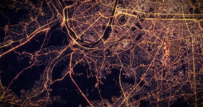 Aerial night view of city of Paris, France. Traffic and street light glowing. Camera flying high above, moving around city from space filming cinematic straight down. 3d animation rendering.