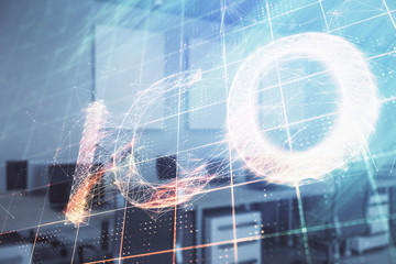 Cryptocurrency theme drawing with office interior background. Double exposure. Concept of...