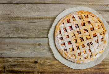 Plum apple pie. Cooking. Recipes. Vegetarian food.