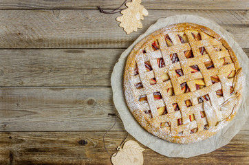Plum apple pie. Cooking. Recipes. Vegetarian food.