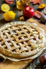 Plum apple pie. Cooking. Recipes. Vegetarian food.