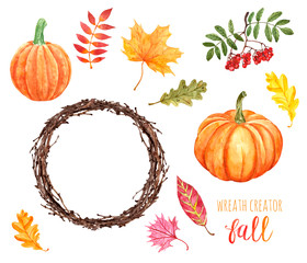 Autumn watercolor set of hand painted isolated elements and symbols of fall season - orange pumpkins, colorful leaves, berries, tree branches wreath in rustic style. Collection for Holiday cards.
