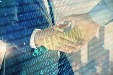 Multi exposure of digital crime theme hologram on city view background with two people handshake. Concept of securitization