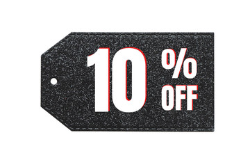 The inscription "10% off" (ten percent) in white and red letters on a black shiny label...
