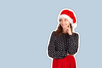 Confident attractive european woman standing with smiling broadly and glancing at left. Magazine collage style with trendy color background. holiday concept
