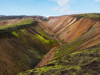Colorful Rhyolit mountain panorma with multicolored volcanos and small creek in Landmannalaugar area of Fjallabak Nature Reserve in Highlands region of Iceland