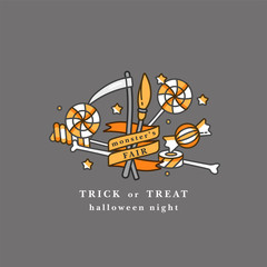 Vector illuatration broomstick and reaper with ribbon and candys. Happy Halloween fair.