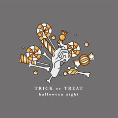 Vector illustration of severed zombie hand holding the candy. Happy Holloween party card with typography.