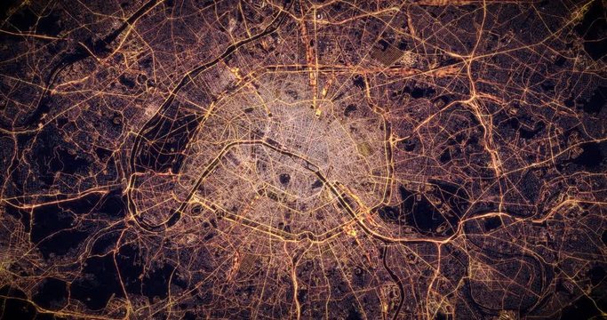 Aerial night view of city of Paris, France. Traffic and street light glowing. Camera flying high above, moving closer and rotating from space filming cinematic straight down. 3d animation rendering.
