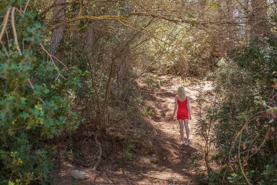 Junges blondes M&auml;dchen in einem roten Kleid im Wald