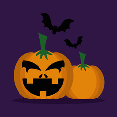 halloween pumpkins with bats flying vector illustration design