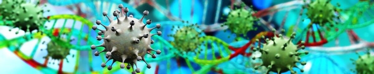 Virus close-up on blurred DNA background. . 3d rendering. - obrazy, fototapety, plakaty